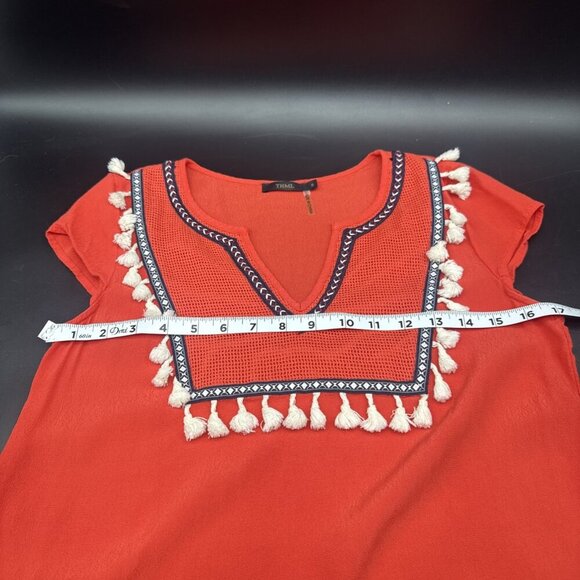 THML Women’s Coral Cap Sleeve Tassel Embroidered V Neck Blouse Top Sz S - Picture 7 of 8